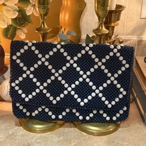 Mr. Jonas Vintage Navy and White Beaded Clutch made in Hong Kong.